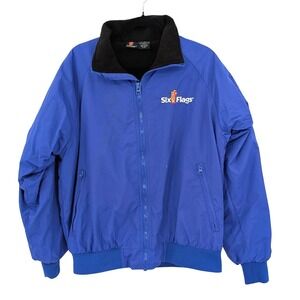 Six Flags Vintage Nylon Windbreaker‎ Jacket – Blue Fleece-Lined Zip-Up (Small)